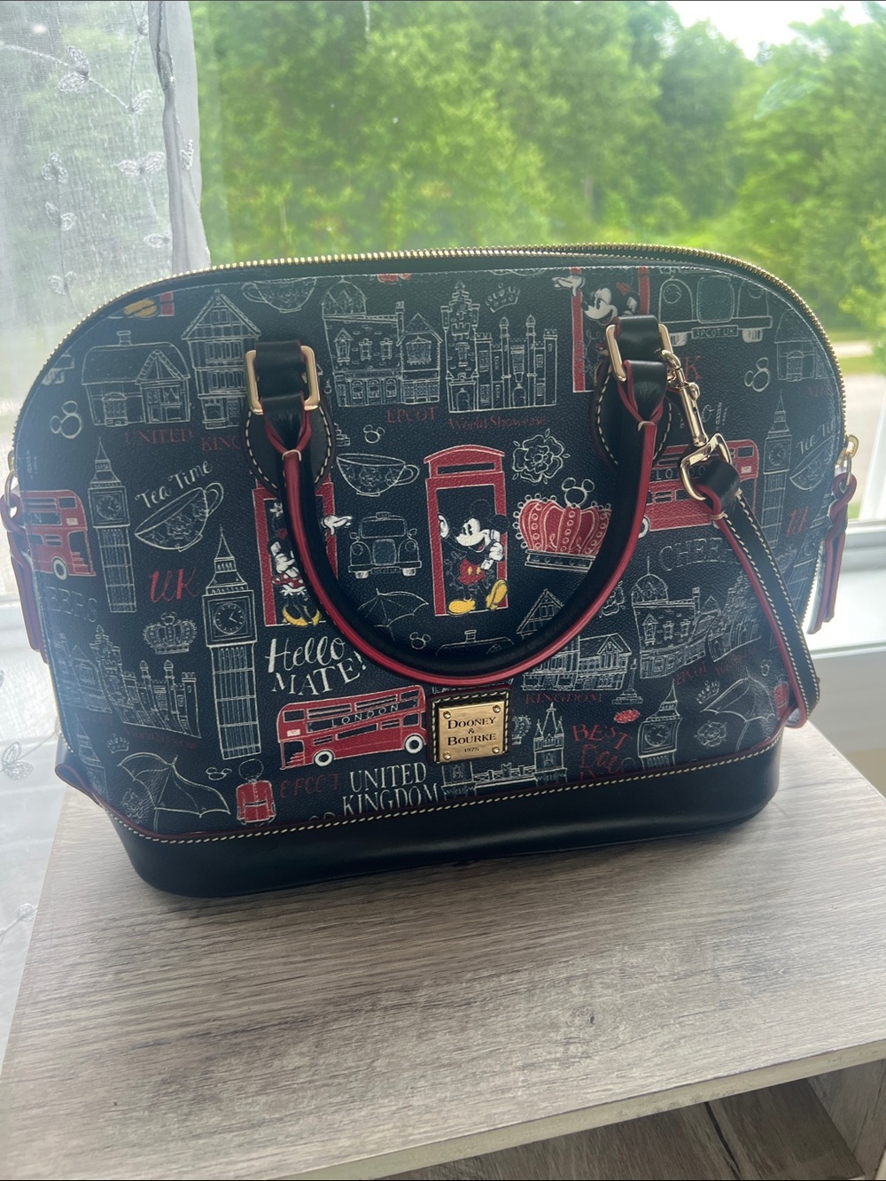 Dooney & Bourke Black and Red London Print Dome Satchel